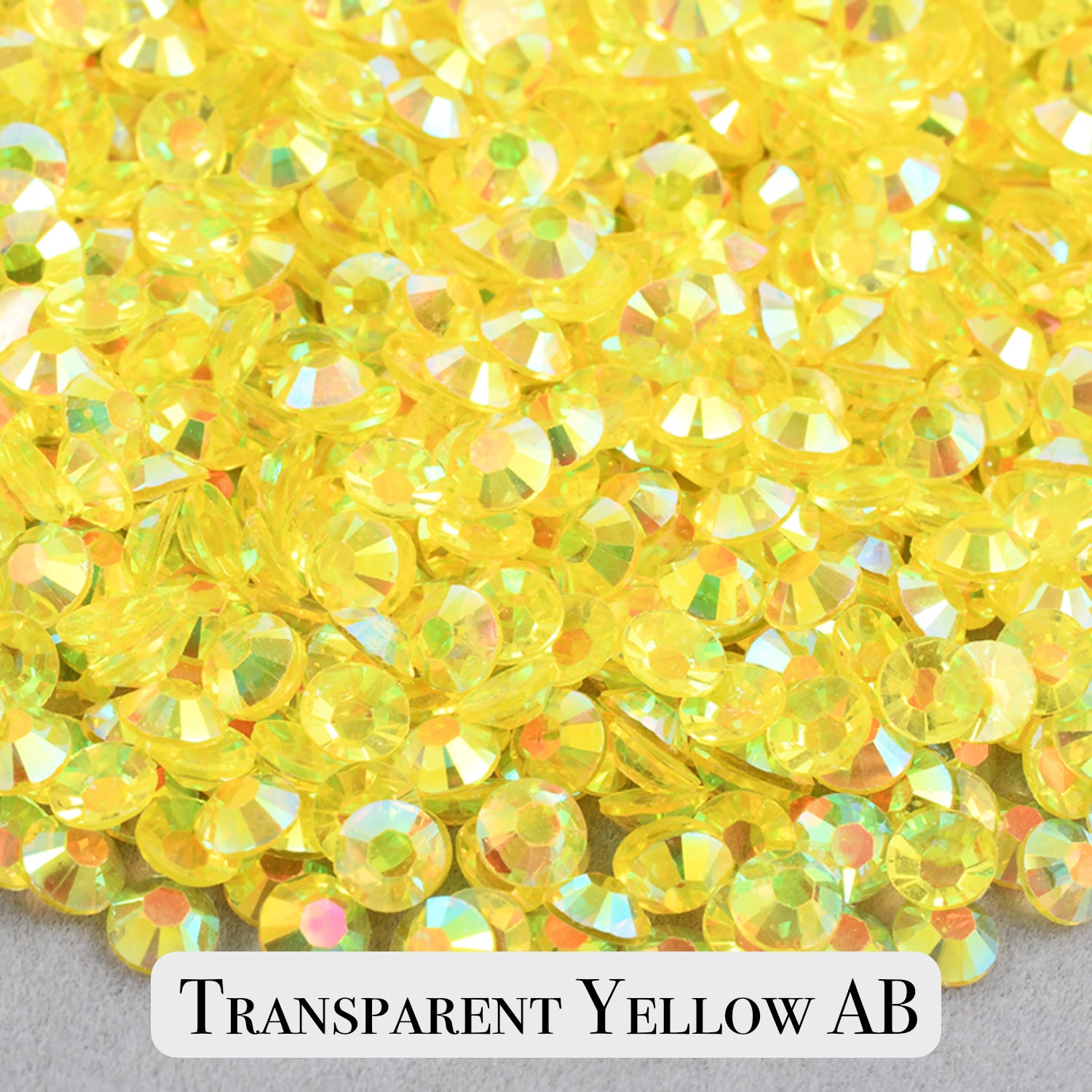 Transparent Yellow AB Resin Rhinestones – Sizes 2mm, 3mm, 4mm & 5mm – Flatback Craft Crystals – Ideal for Tumblers & DIY