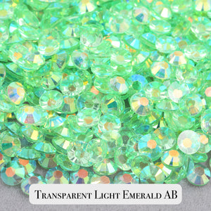 Transparent Light Emerald AB Resin Rhinestones – Sizes 2mm, 3mm, 4mm & 5mm – Flatback Craft Crystals – Ideal for Tumblers & DIY
