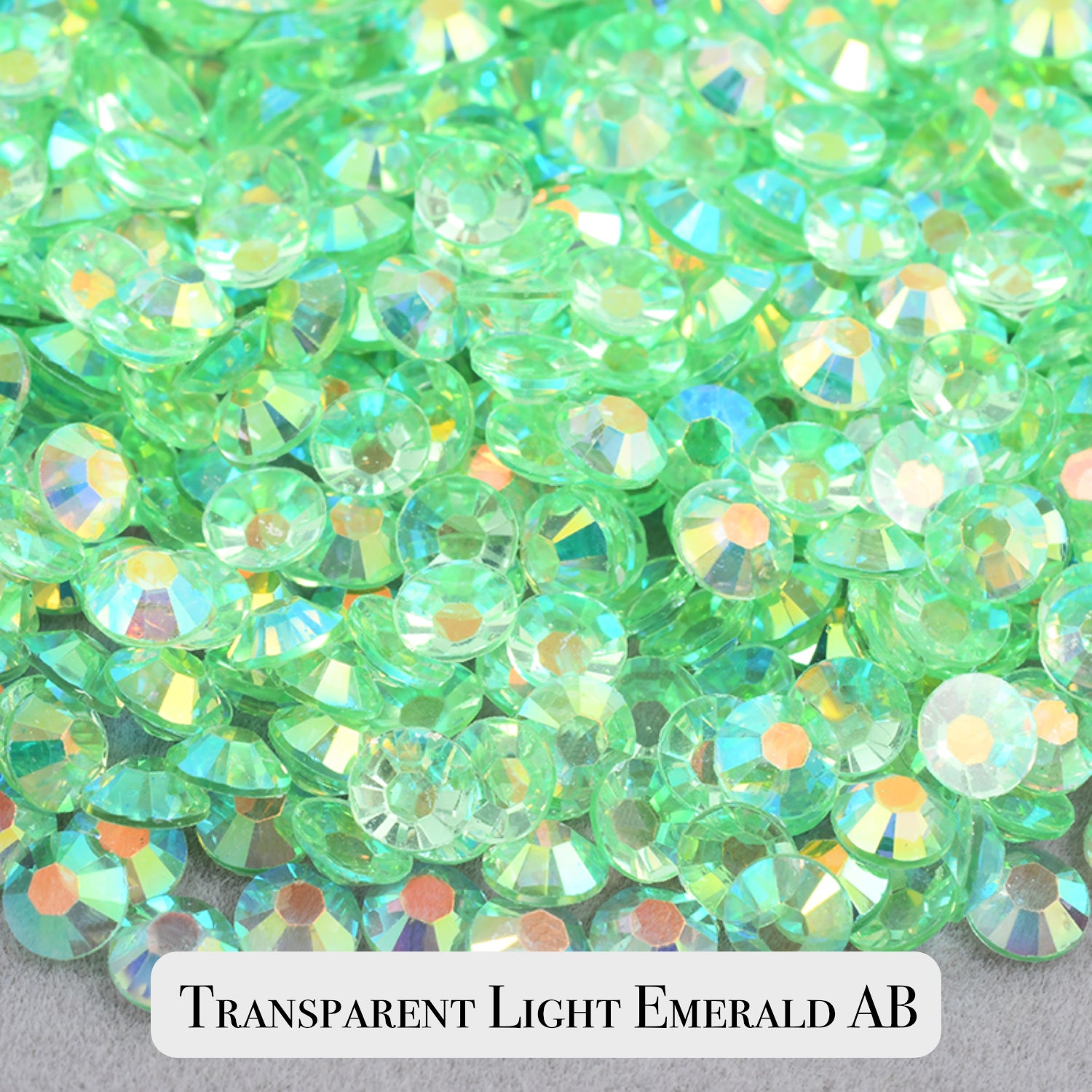 Transparent Light Emerald AB Resin Rhinestones – Sizes 2mm, 3mm, 4mm & 5mm – Flatback Craft Crystals – Ideal for Tumblers & DIY