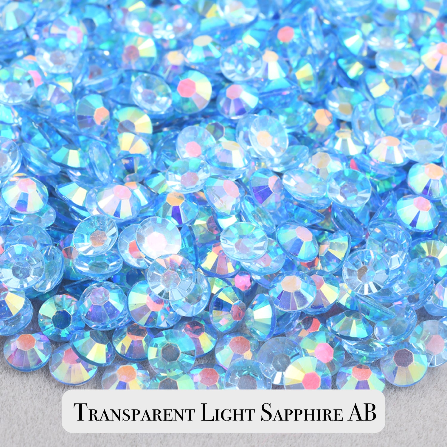 Transparent Light Sapphire AB Resin Rhinestones – Sizes 2mm, 3mm, 4mm & 5mm – Flatback Craft Crystals – Ideal for Tumblers & DIY